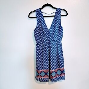 One Clothing blue patterned tank style dress with fitted waist.  Lined bodice si